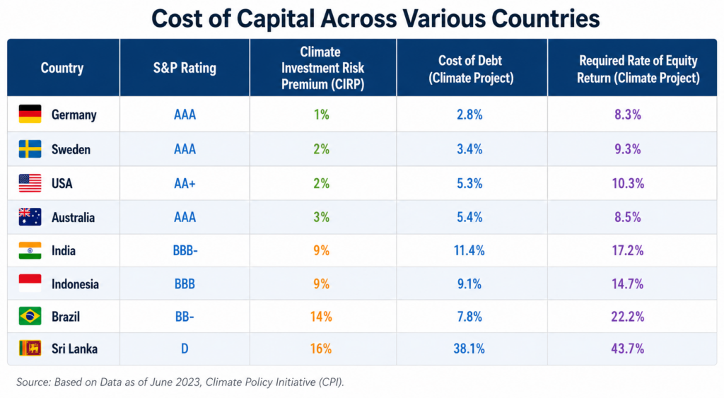 Cost of capital for climate projects across various countries
